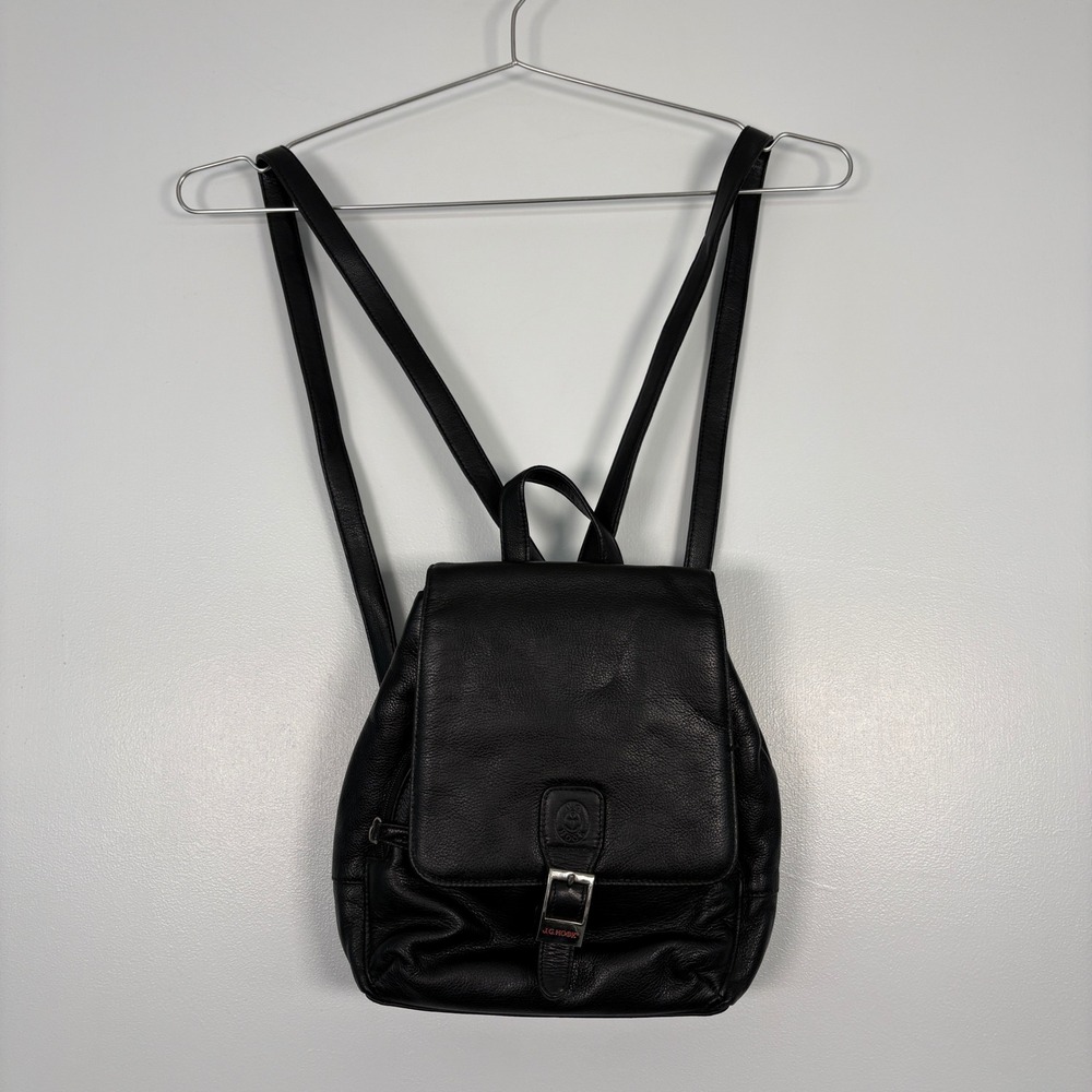 J.G. Hook Womens Mini Backpack Small Black Pebbled Leather Buckle Flap Strap